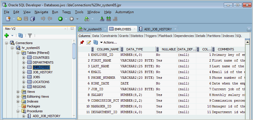 Fenêtre principale de SQL Developer